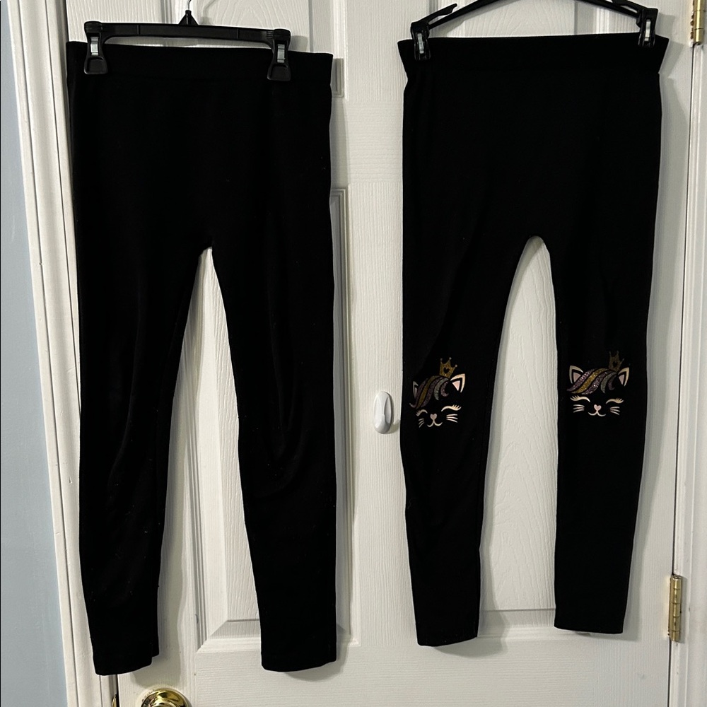 Black Cat Print Kids Leggings&solid black plain 7/16